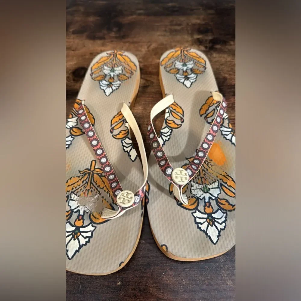 Tory Burch Brown Patterned Flip‎ Flops size 11
